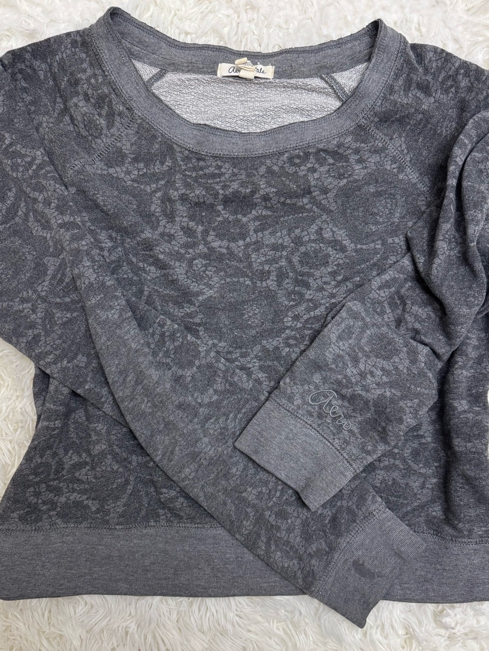 Aeropostale Women's Charcoal Gray Lace-Pattern Crewneck Sweater
